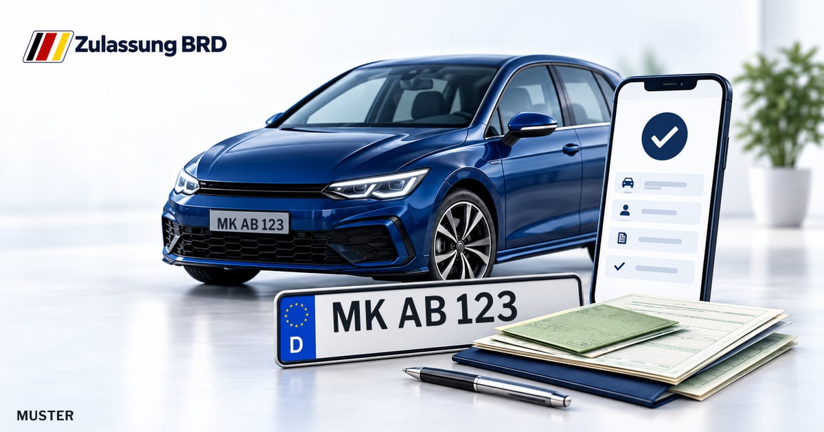 Online Fahrzeugzulassung in Iserlohn: Musterkennzeichen MK AB 123, Auto und Fahrzeugpapiere und Smartphone. Illustration mit Logo von Zulassung BRD.